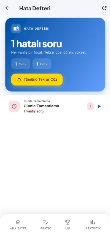 Hata defteri: yanlış sorular konu bazında listelenmiş